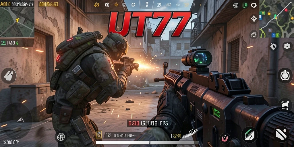 Tampilan gameplay UT77 dengan aksi menegangkan dan berbagai senjata.